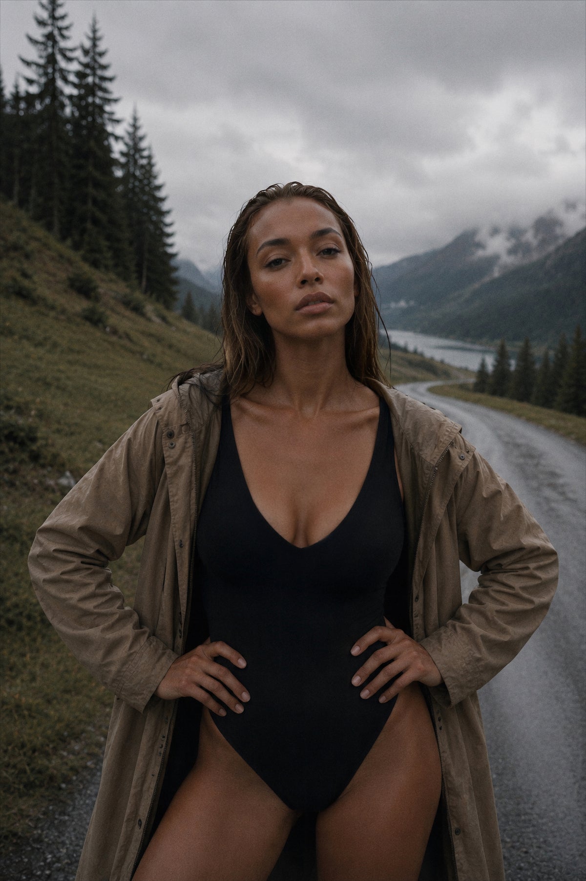 Woman standing on a mountain road wearing amphr black V-neck sculpting bodysuit under an open beige coat, hands on hips